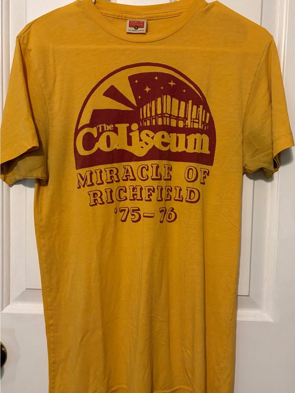 HOMAGE Mustard Short Sleeve Graphic Tee with Maroon Print